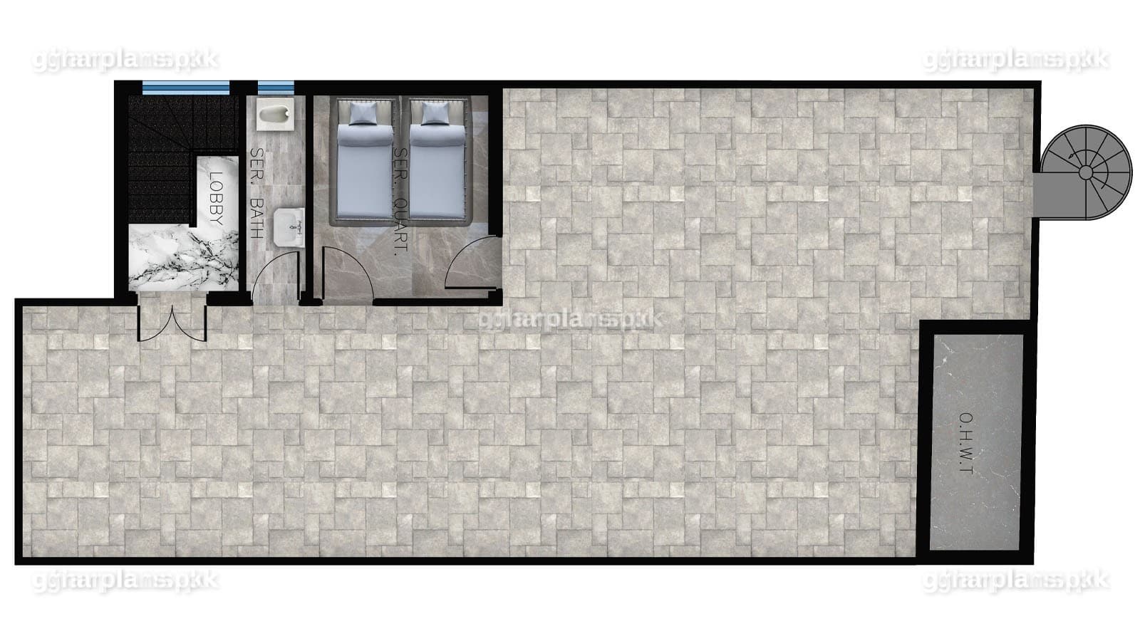 Mumty and roof plan of a 10 marla house design in Pakistan: stair tower and open roof of a 30x75 double storey house