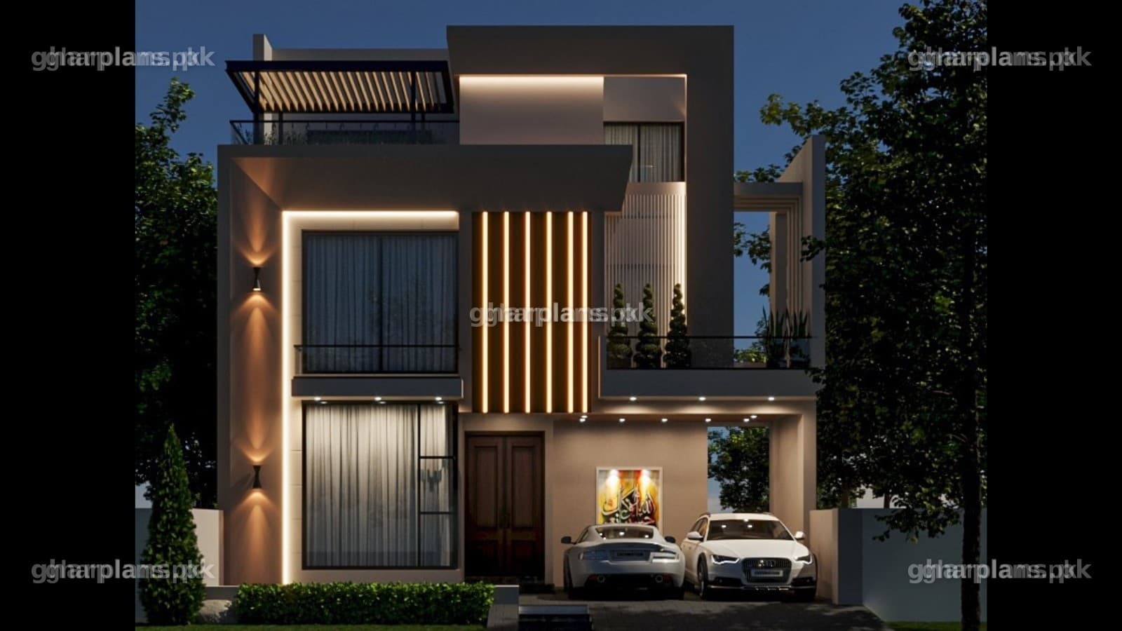 10 marla house front elevation design: modern 3 storey facade in concrete, warm wood and glass, with vertical LED strips and a glass-railed balcony – Ghar Plans