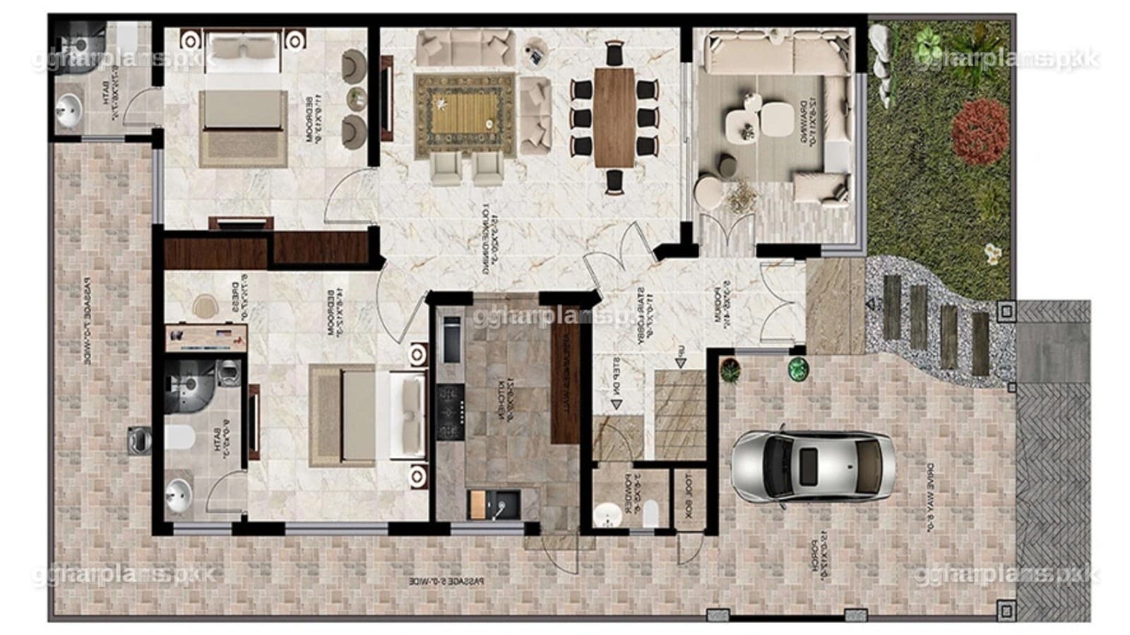 Ground floor of a 10 marla house layout on a 35x65 plot: car porch, drawing room, lounge and dining, kitchen, master bedroom with dressing, second bedroom and powder room