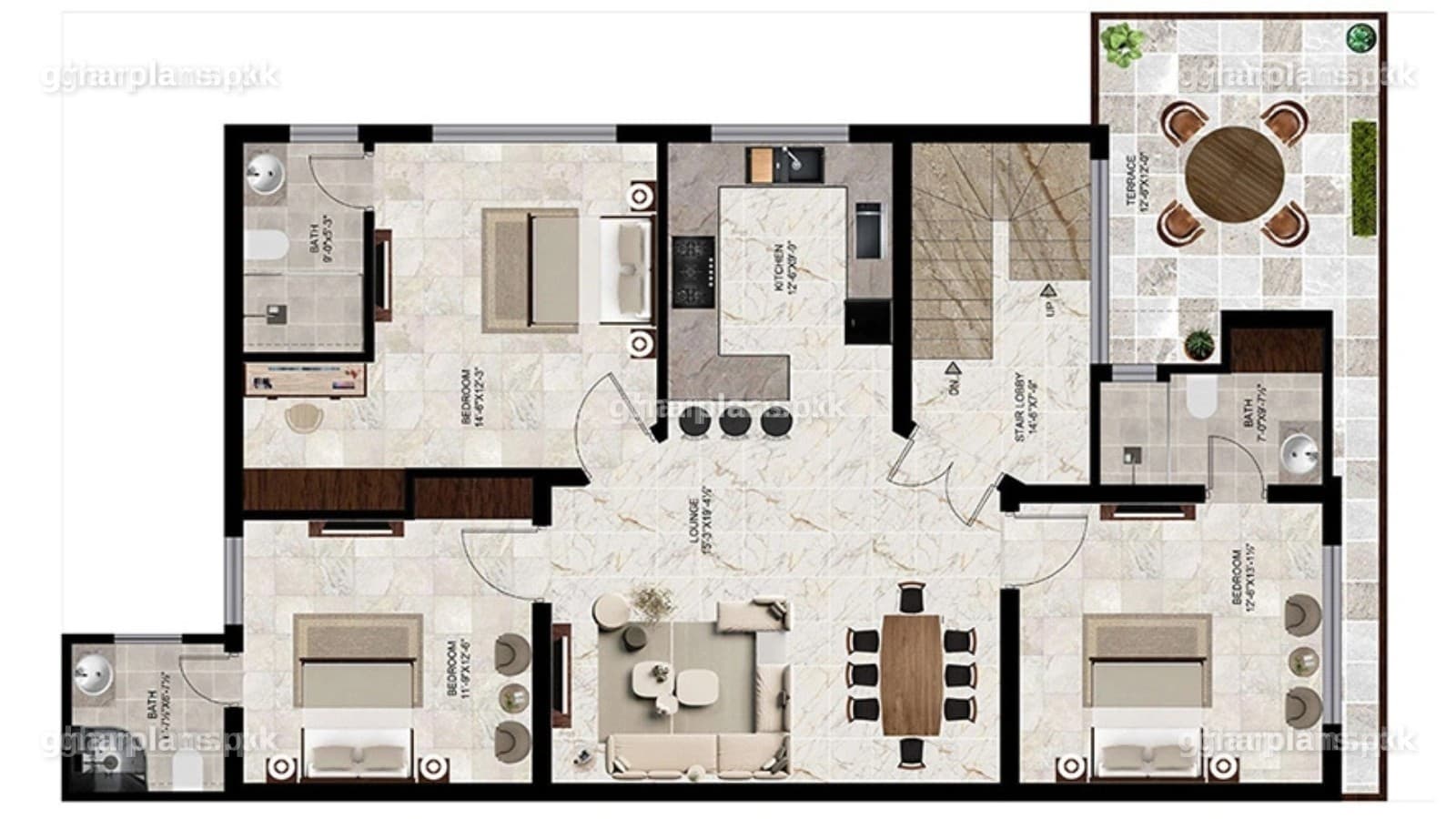 First floor of a 10 marla house naksha with 3 bedrooms and private baths, a central lounge, formal dining, kitchen and a 12'6" x 12' terrace