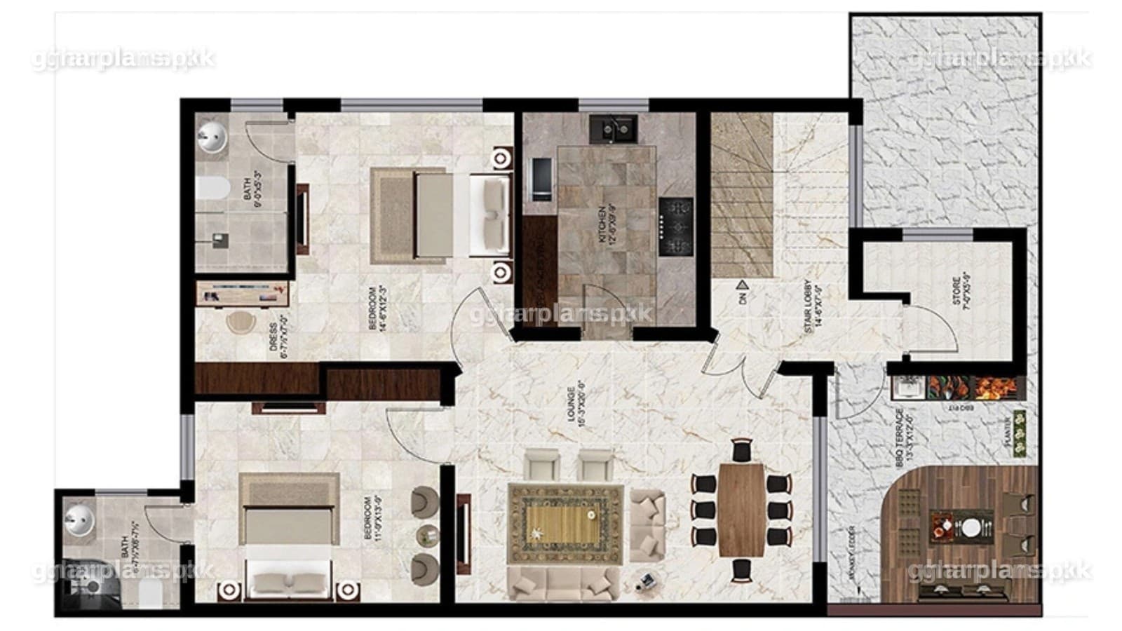 Second floor of a modern 10 marla house map: master suite with dressing, second bedroom, lounge with dining, kitchen, store and BBQ terrace