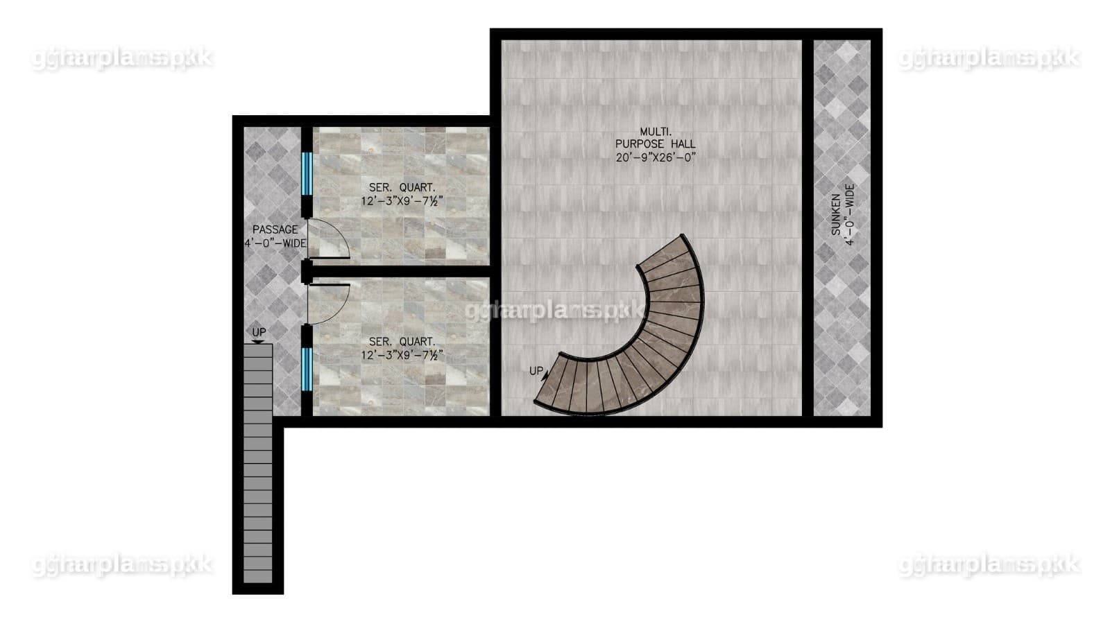 Basement floor plan of a 1 kanal basement house on a 50x90 plot, with a multi-purpose hall and servant quarters