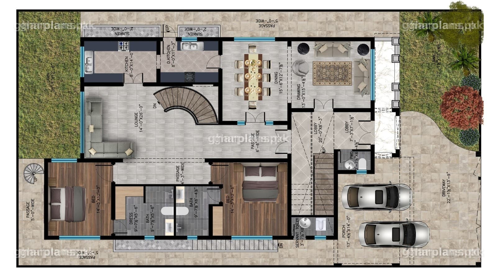 Ground floor plan of a 1 kanal house design with big lawn space: front and back lawns, 2 bedrooms, drawing-dining and lounge