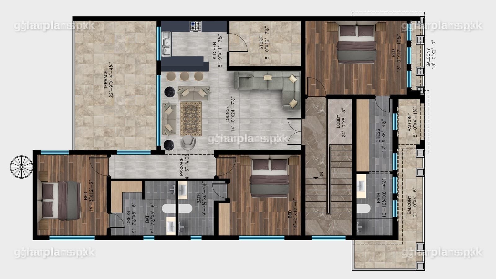 First floor plan of a 1 kanal luxury house design: 3 bedrooms with attached baths and a kitchen, usable as a separate unit