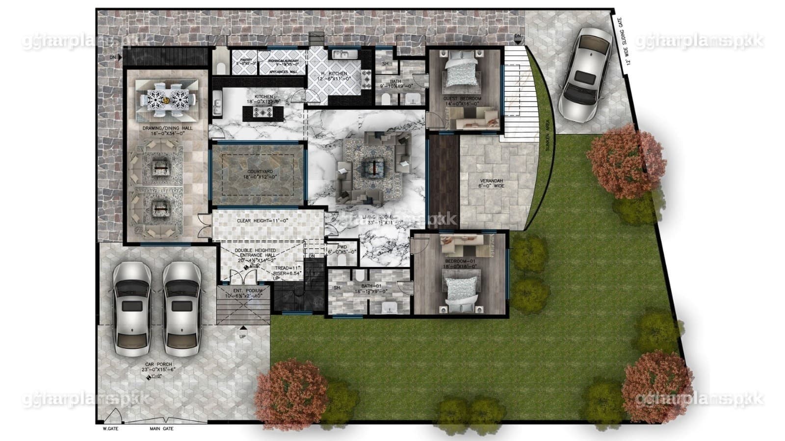 Beautiful 2 Kanal Ghar Design with Layouts and Elevation