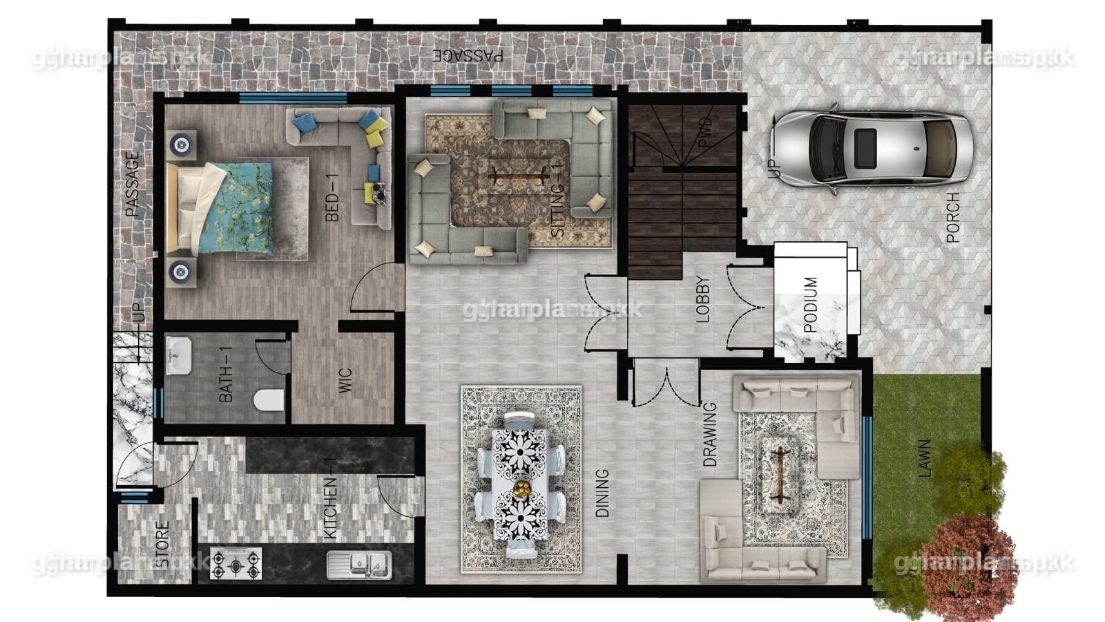 10 marla house floor plan, ground floor with combined living, dining and drawing room, kitchen and bedroom with dressing