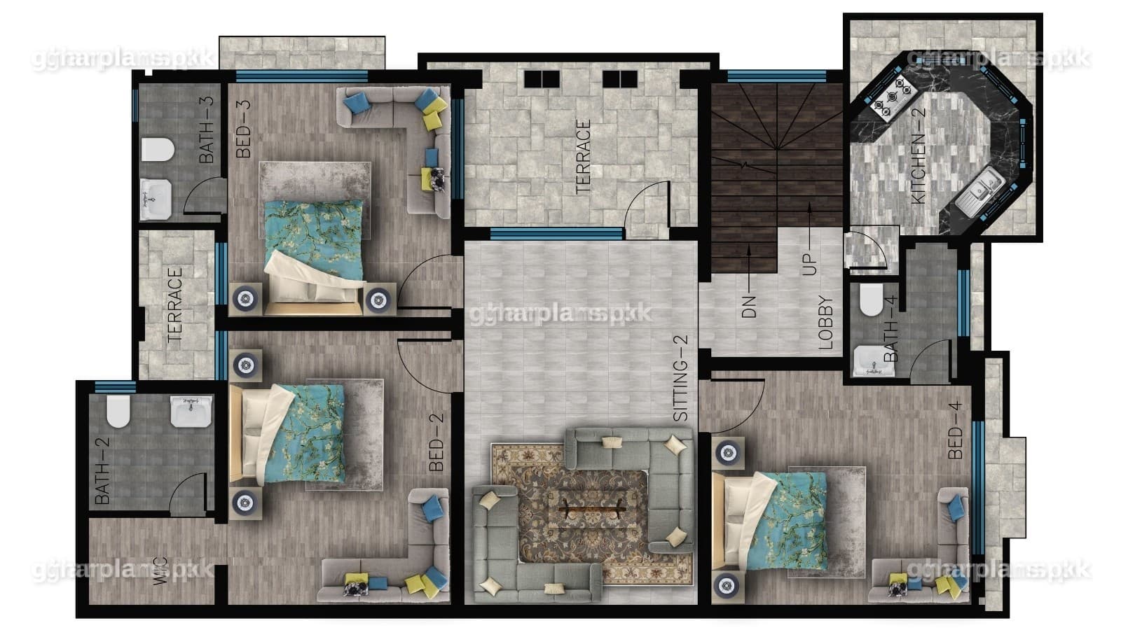 10 marla home design first floor plan with 3 bedrooms, attached bathrooms and side terrace – 37x65 house plan