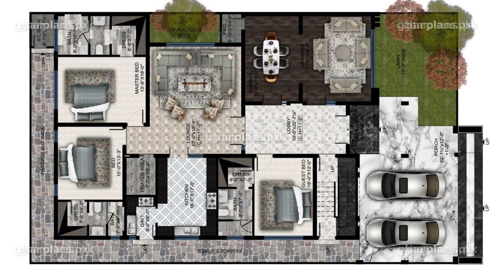 One Kanal House Plan with 7 bedrooms in Pakistan