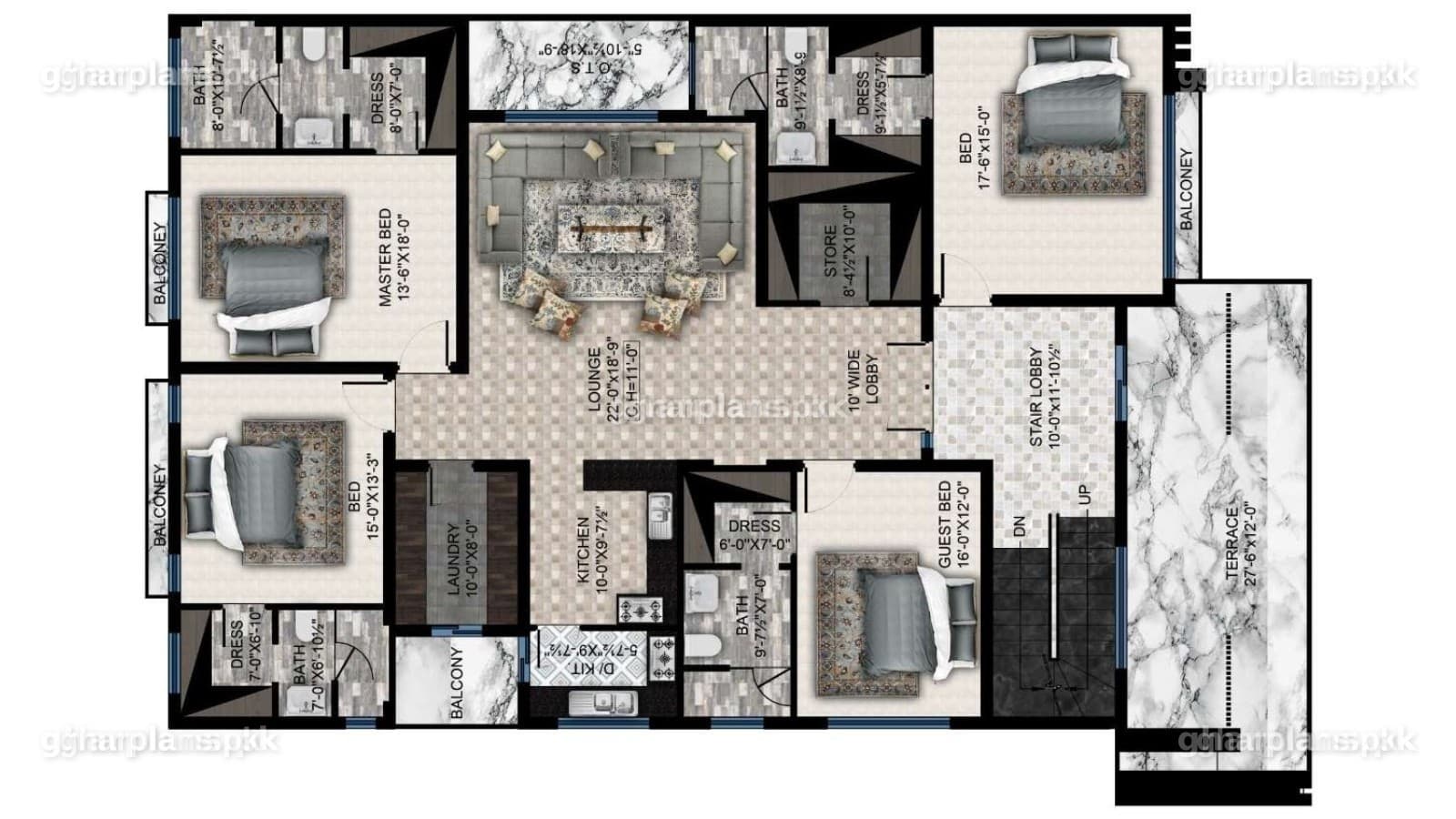 One Kanal House Plan with 7 bedrooms in Pakistan