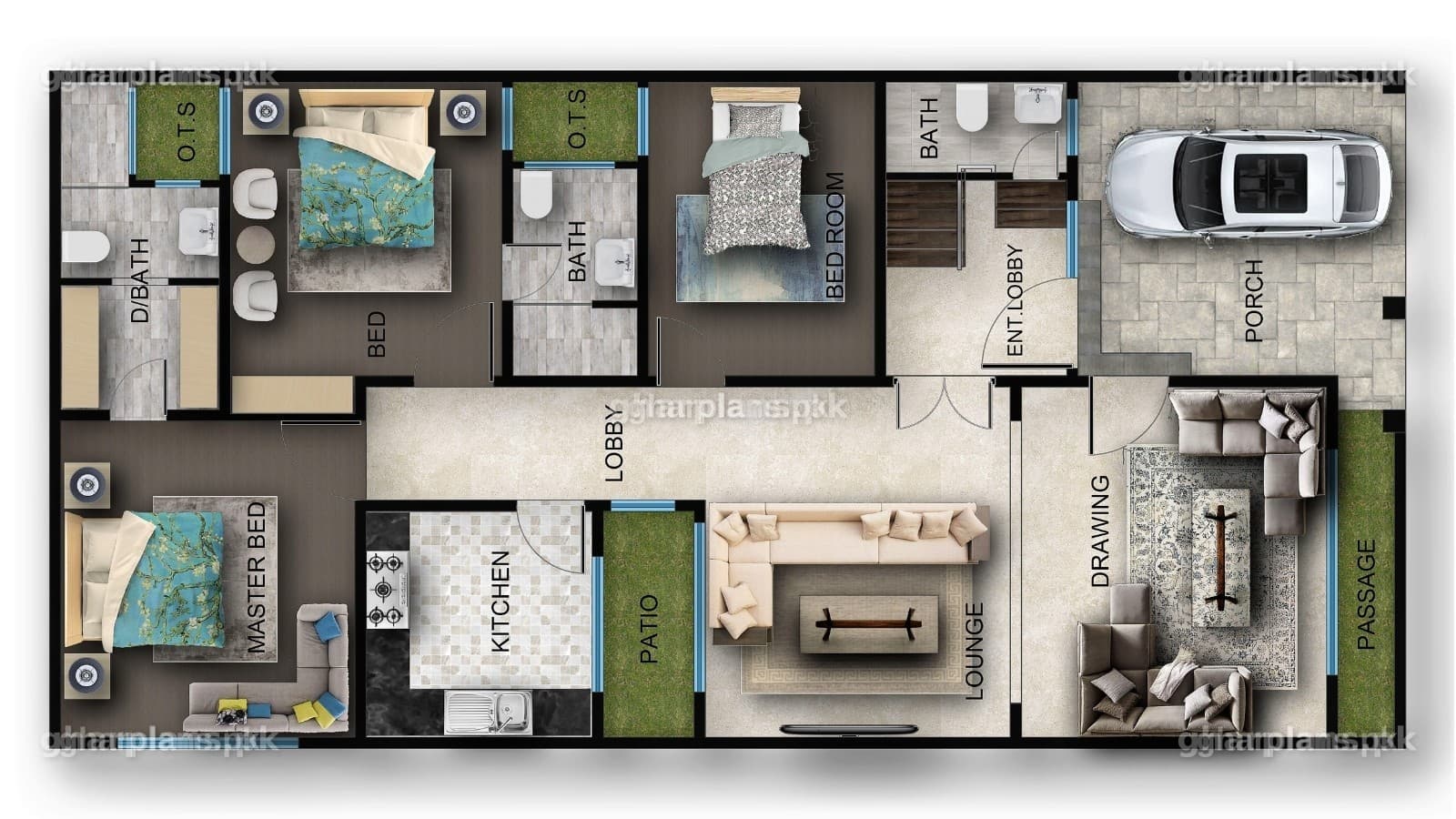 Ground floor plan of an 8 Marla house showing 3 bedrooms, a drawing room and a multipurpose room