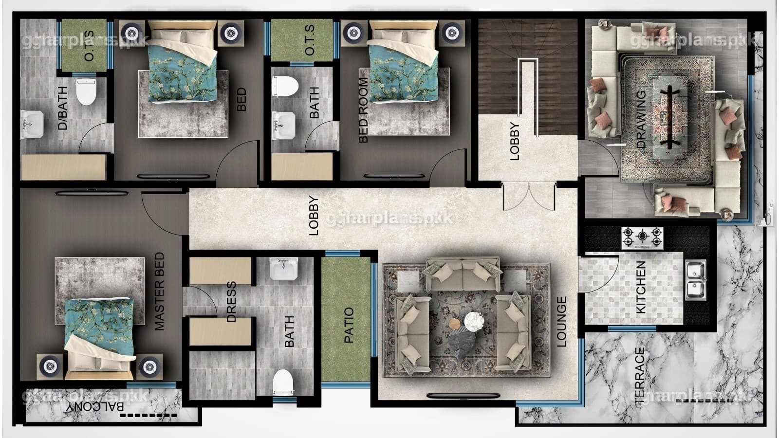 First floor plan of an 8 Marla house showing 3 bedrooms and a combined living/dining room
