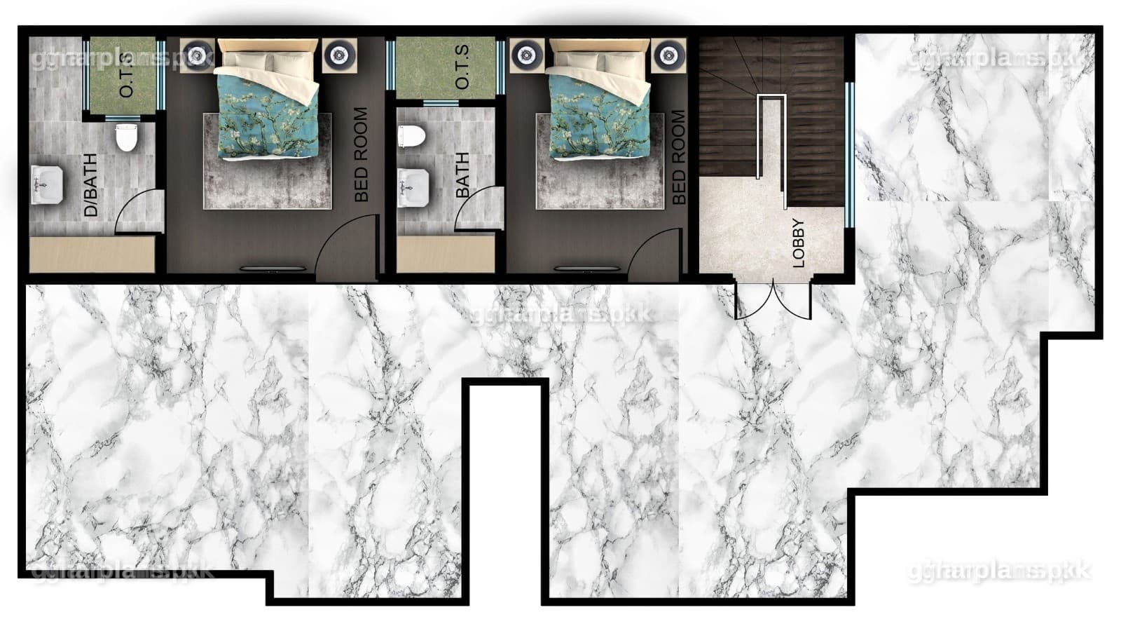 Basement floor plan of an 8 Marla house showing 2 additional bedrooms
