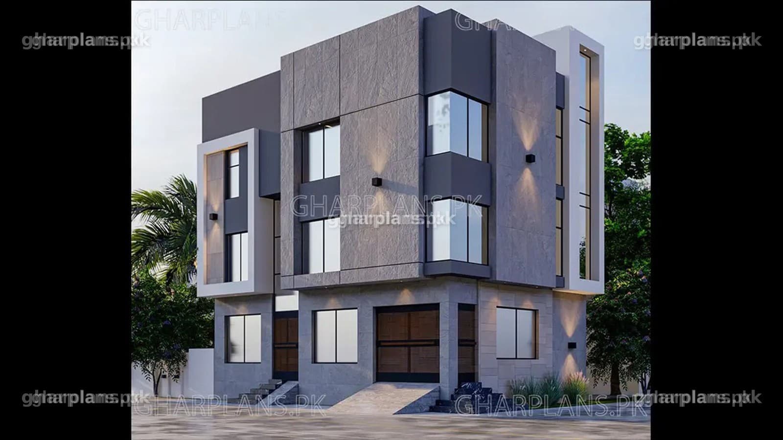 Modern 5 marla apartment building on a 28x42 corner plot in glass, stone and textured concrete – small apartment design, Ghar Plans