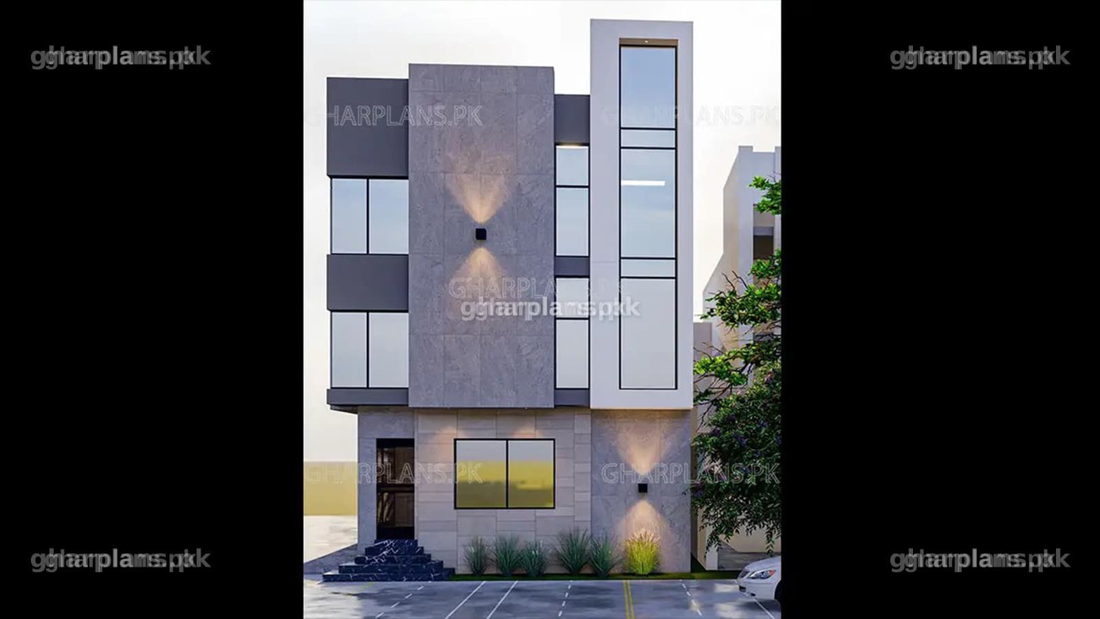 3D side view of a small apartment design on a 5 marla corner plot, showing the car porch side and large corner windows