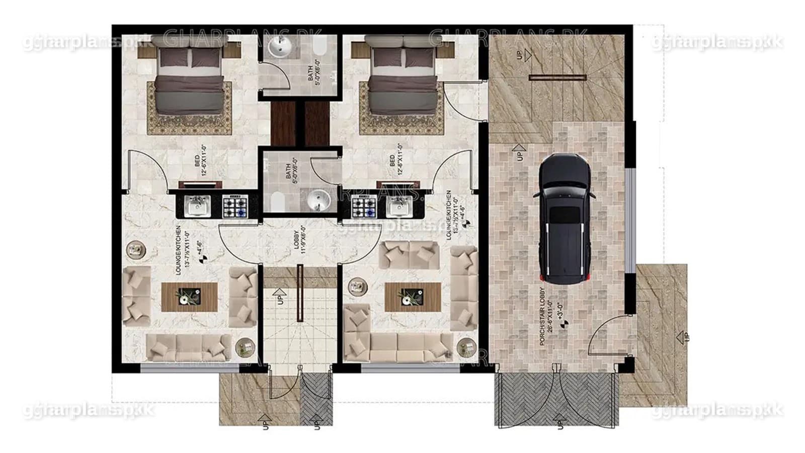 Ground floor plan of a 5 marla apartment building: two mirrored one-bedroom flats, entrance lobby, car porch and staircase