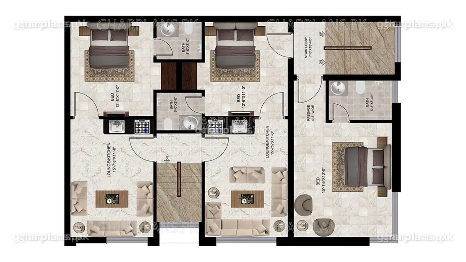 First floor plan: two one-bedroom flats and a room with attached bath over the car porch – apartment rooms in a 5 marla building