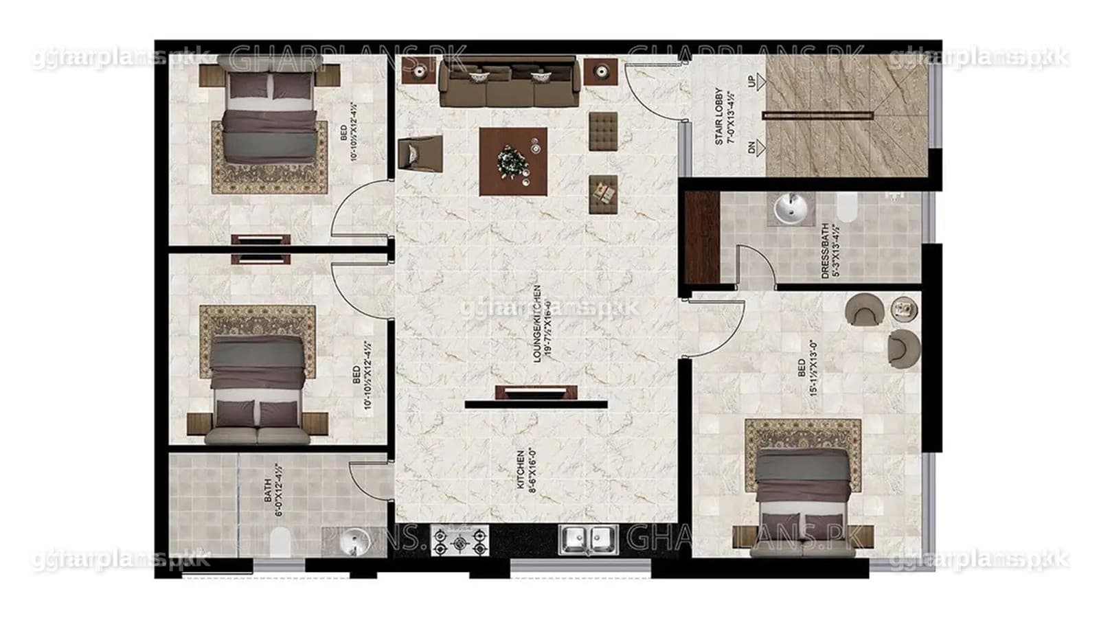 Second floor plan of a 3 bedroom flat with central living room and galley kitchen, the largest of the flats to rent here