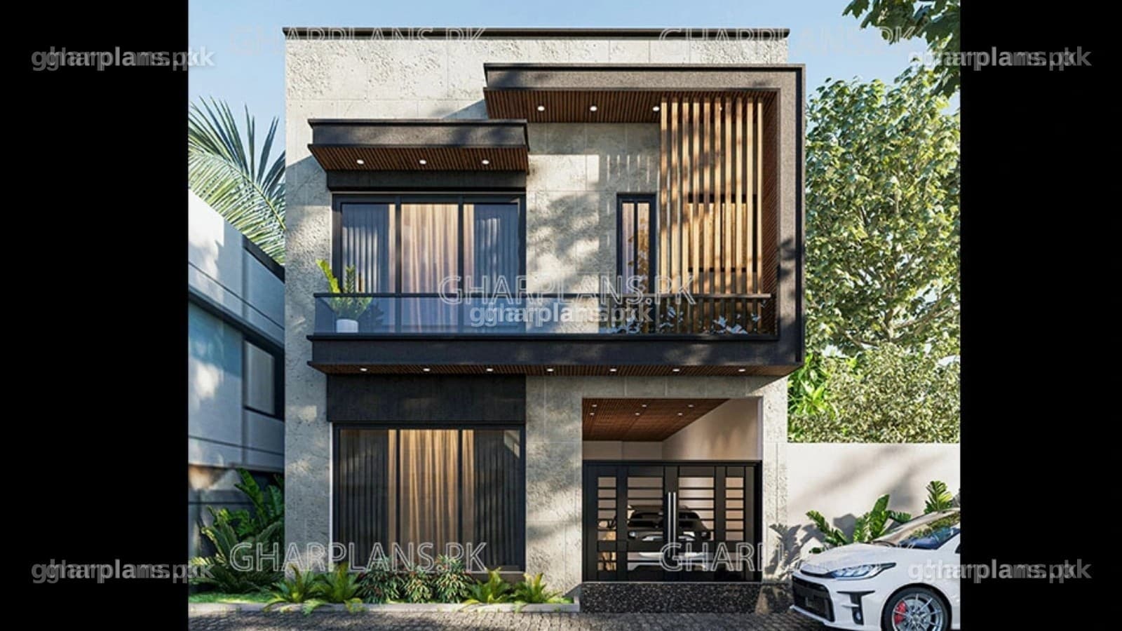 Modern home front elevation design in tiles, cladding and glass on a 3 storey house in 5 marla (25x41) – Ghar Plans