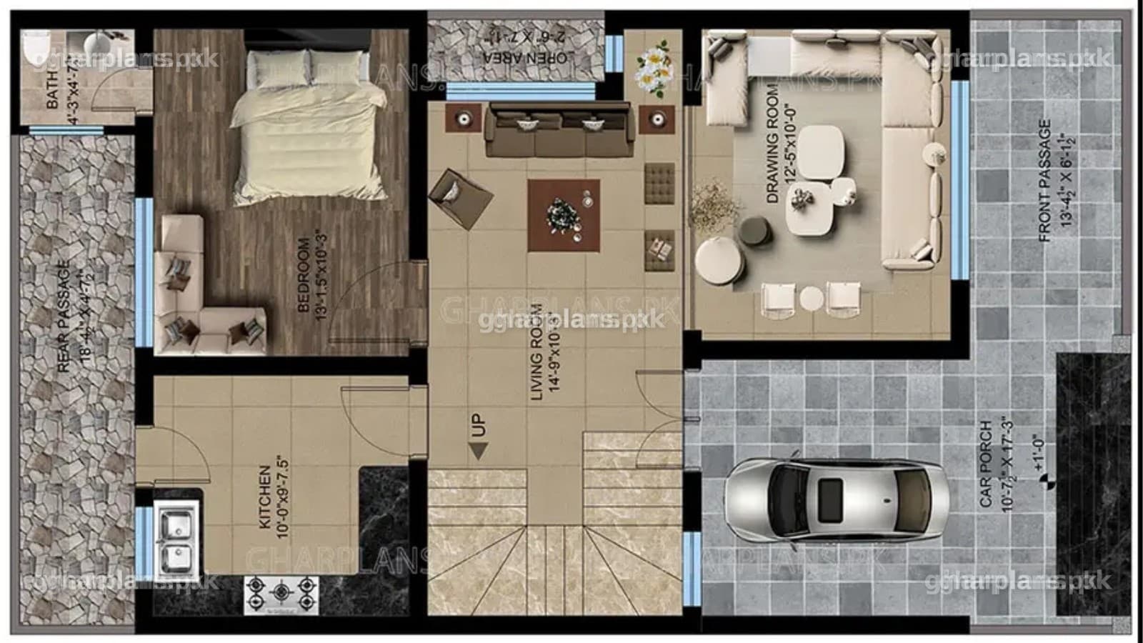 Ground floor plan of a modern home design 5 marla on a 25x41 plot, the first of its 3 storeys – Ghar Plans