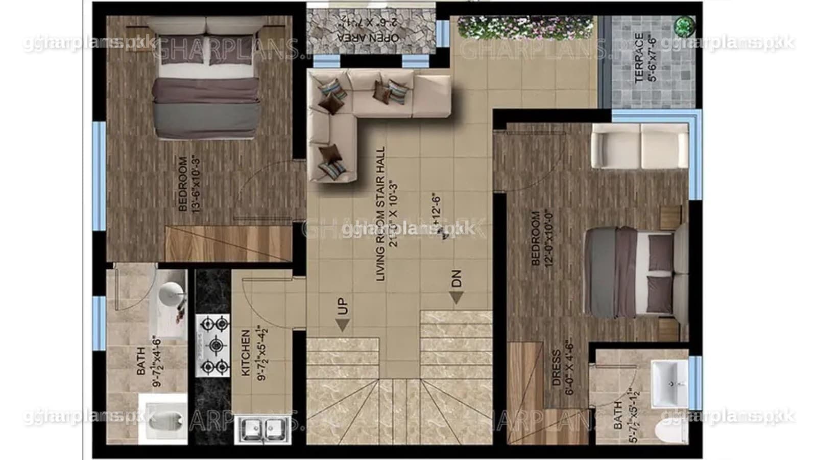 First floor plan of a 3 storey house in 5 marla on a 25x41 plot, a 3 bedroom, 4 bathroom home design by Ghar Plans