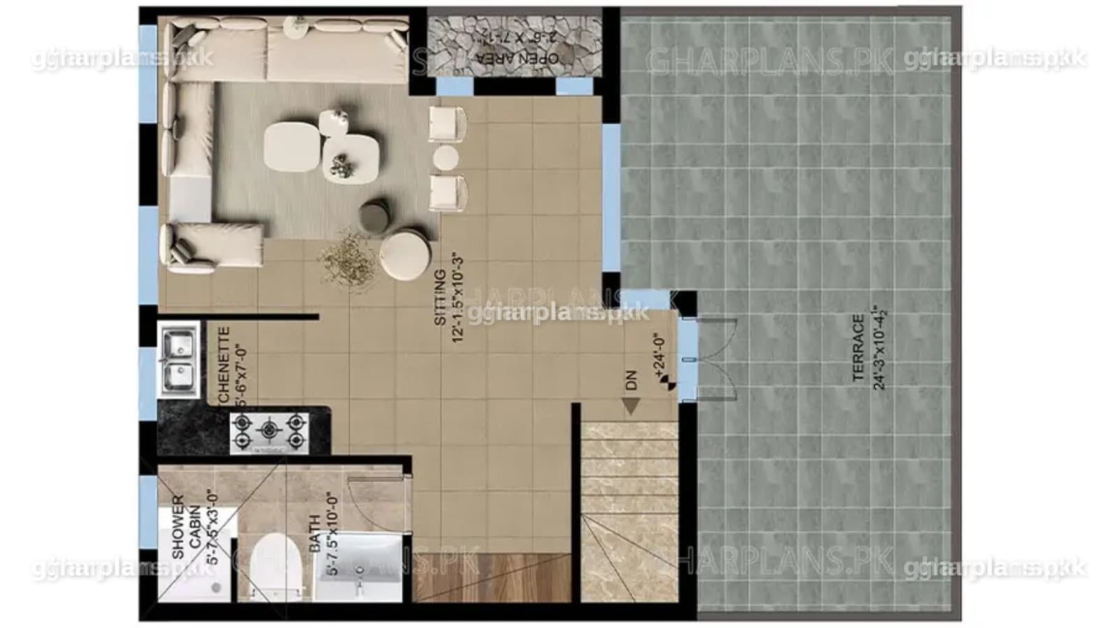 Second floor plan, the top storey of a modern 3 storey home design 5 marla with a tile, cladding and glass front