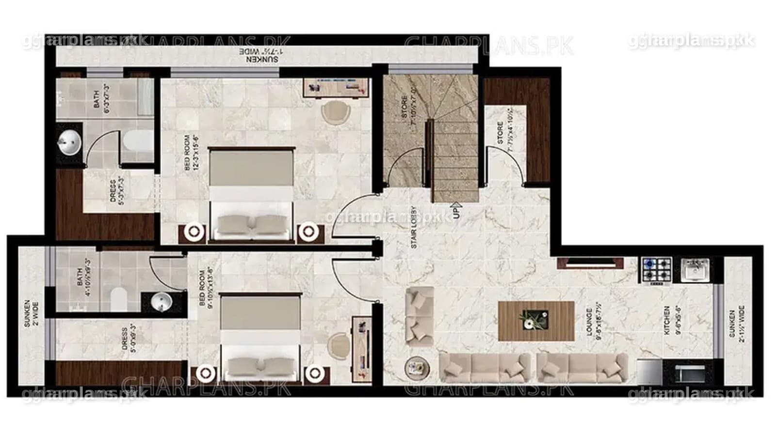 Basement layout of a 10 marla house plan with basement: 2 bedrooms with walk-in closets, attached baths, lounge with kitchenette and sunken court