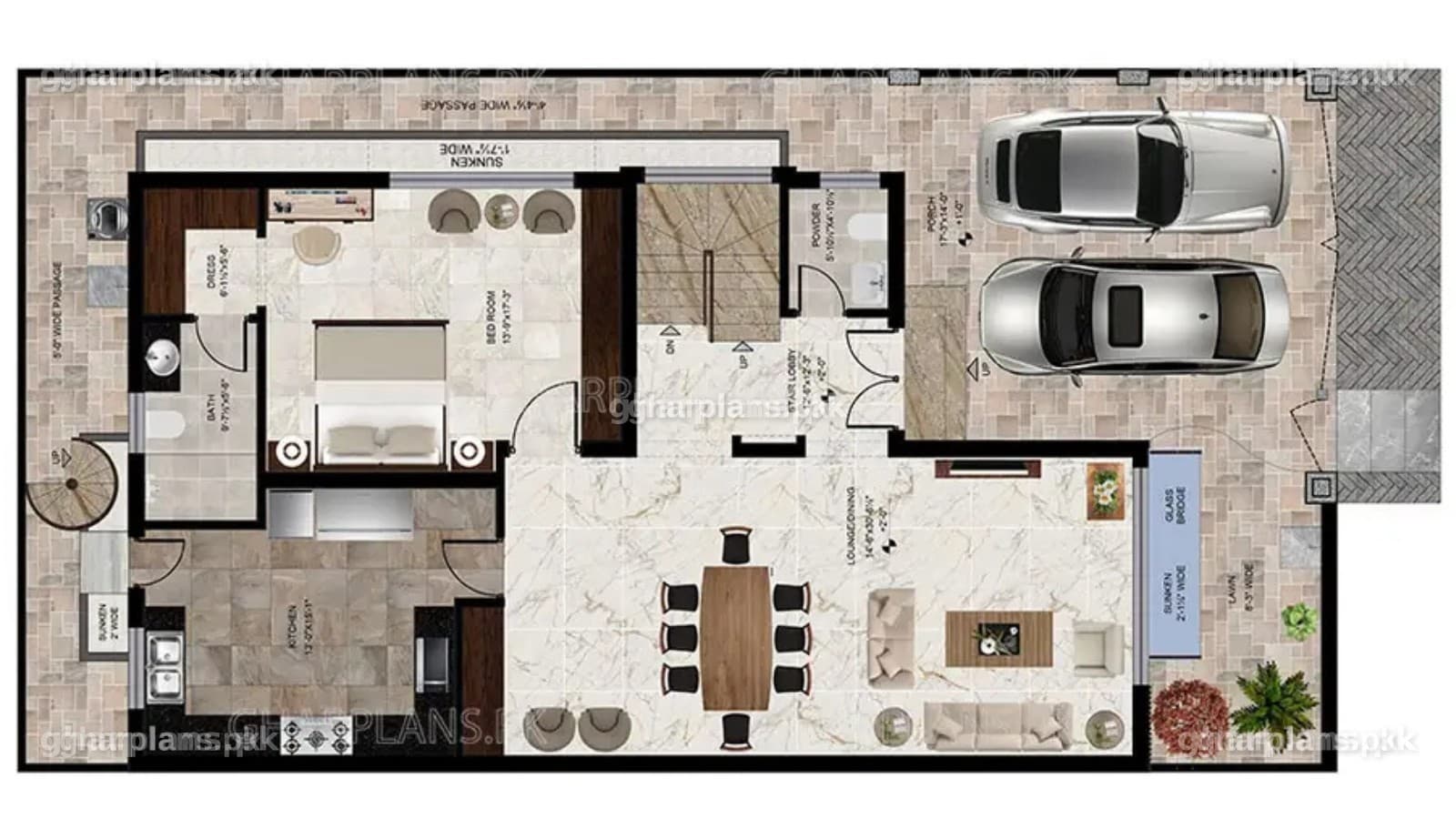 Ground floor plan of a modern 10 marla house design in Pakistan with living-cum-dining facing the lawn, kitchen, powder room and 1 bedroom