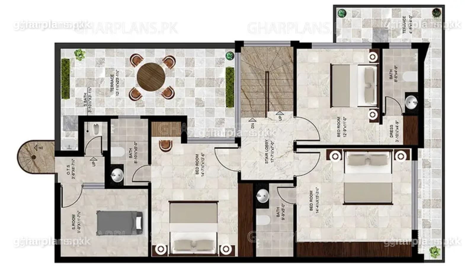 First floor of a 34x64 10 marla house plan with 6 bedrooms: 3 bedrooms with attached baths, rear terrace and servant room with spiral stair