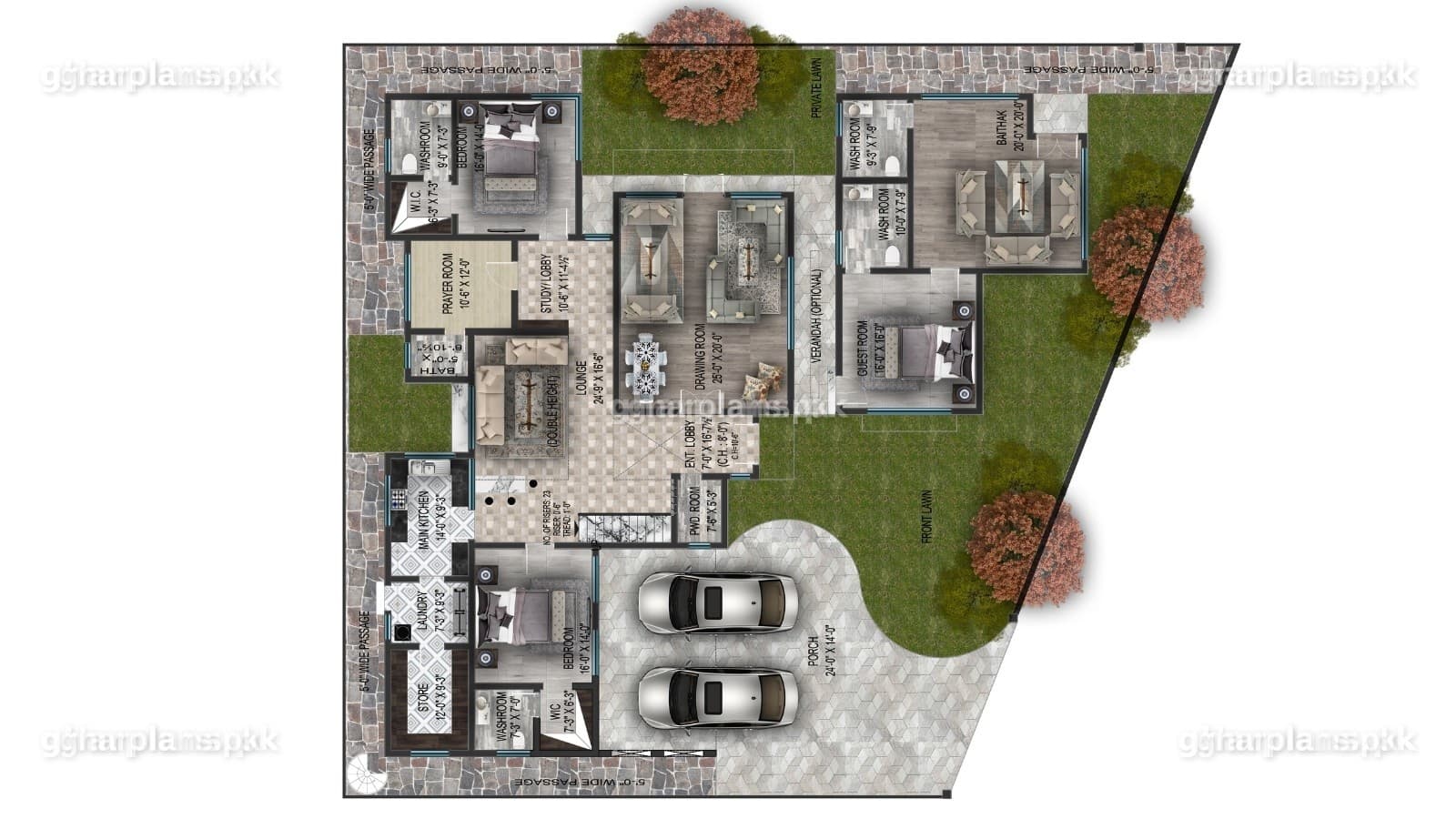 House drawing of a luxurious house ground floor with 3 bedrooms, drawing room, Bethak, double-height living room with dining bar, kitchen, laundry and lawns