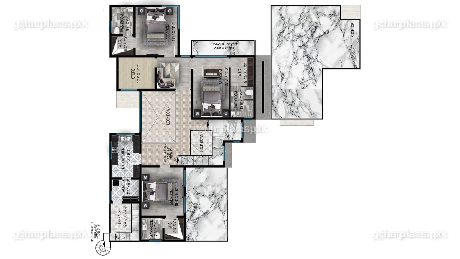 First floor house drawing of a 90x107 luxurious house in Pakistan with 3 bedrooms, attached closets and baths, kitchen and terraces on three sides