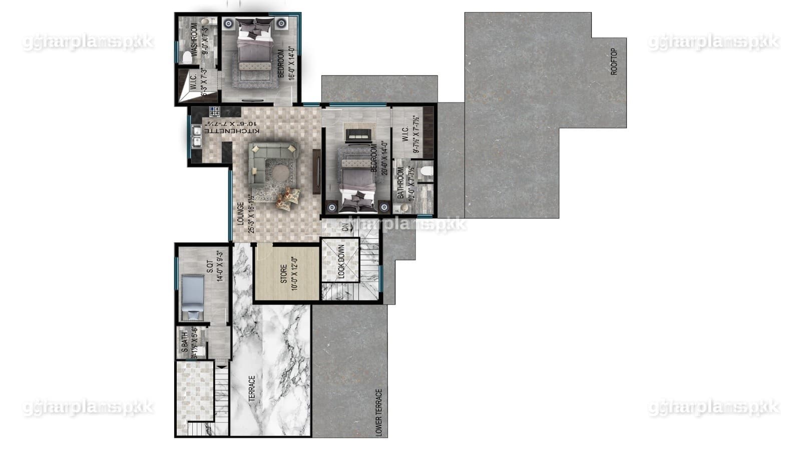 Second floor house drawing with 2 bedrooms, attached closets and baths and a servant quarter – front design of house in Pakistan by Ghar Plans