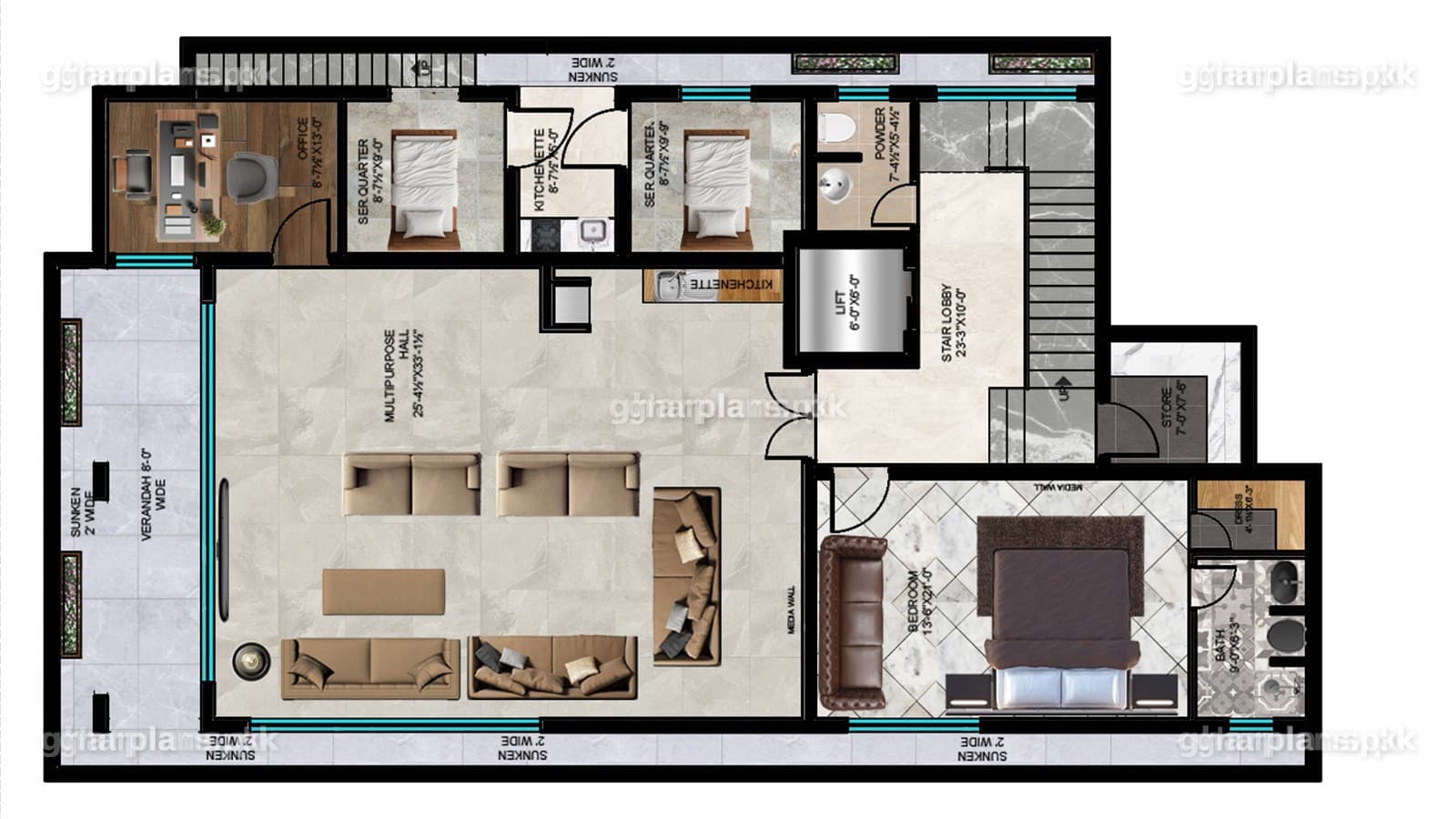 First floor plan of 18 marla village home design with 5 bedrooms each with attached bathroom
