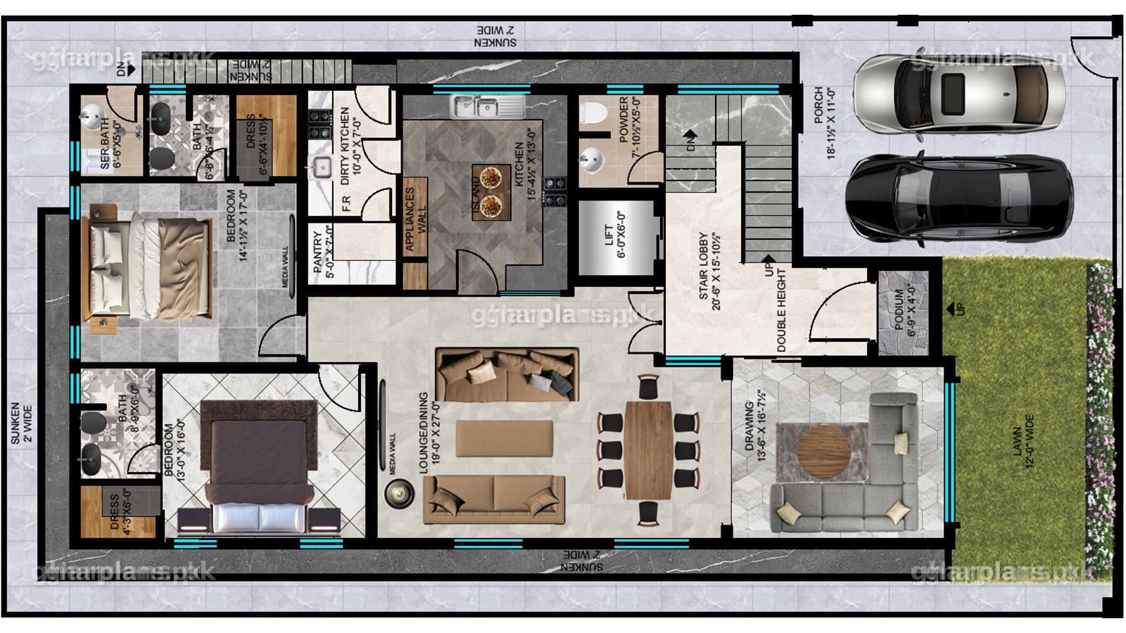 Ground floor plan of 18 marla village home design with drawing room, lounge, dining, kitchen, powder room and 2 bedrooms