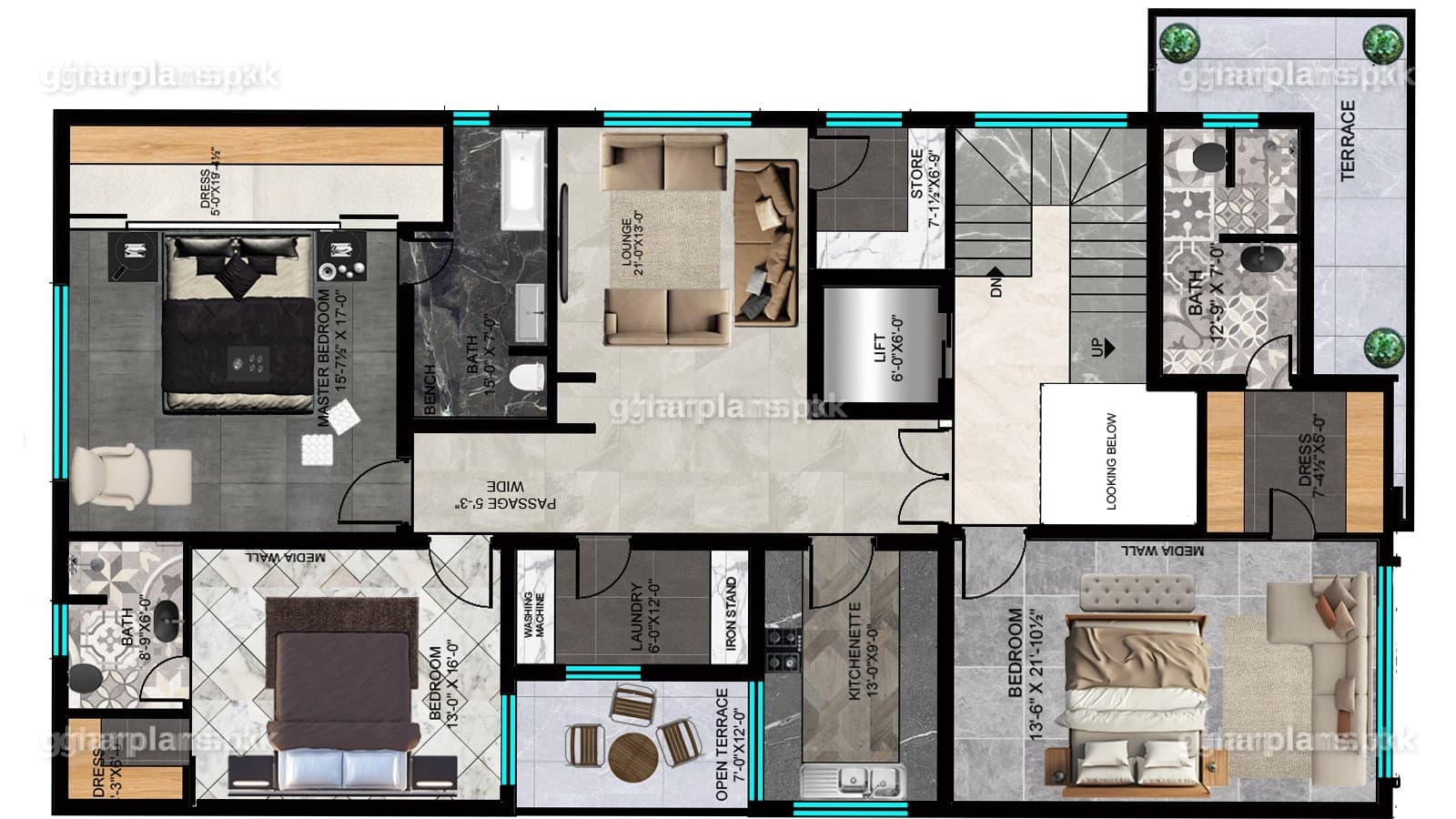 Basement floor plan of 18 marla village home design showing storage, utility and servant room