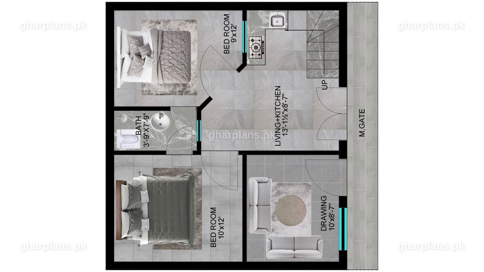 Ground floor layout of a 3 marla house plan for a 25 ft wide plot – part of a 4 bedroom double story home design