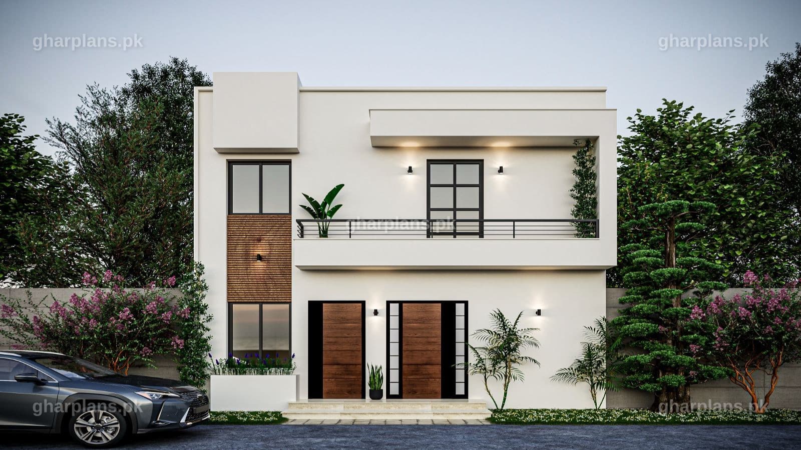 3D front elevation of a luxury 3 marla house design double story – a modern 4 bedroom home on a 25 ft wide plot by Ghar Plans