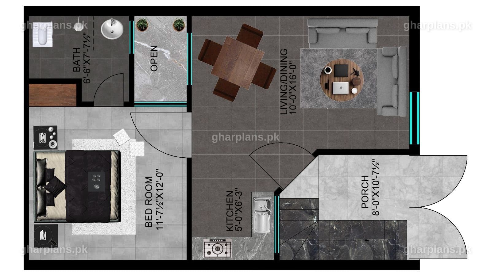 2.5 marla house plan with 3 bedrooms and attached bathrooms - First floor plan