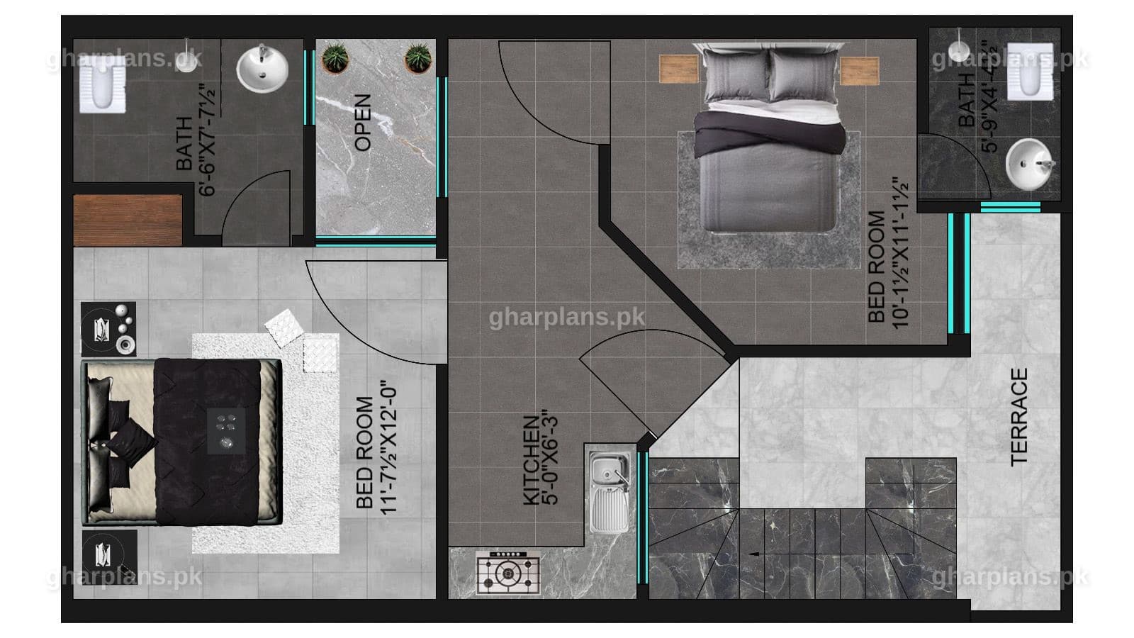 2.5 marla house map showing double storey floor plan with 3 bedrooms and attached bathrooms