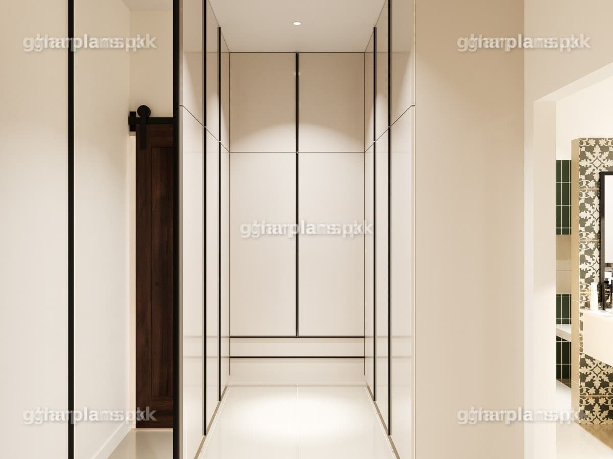 پاکستان میں سادہ اور کم سے کم آرائش والے سفید 'واک اِن کلوزٹ' (walk-in closet) کا ڈیزائن