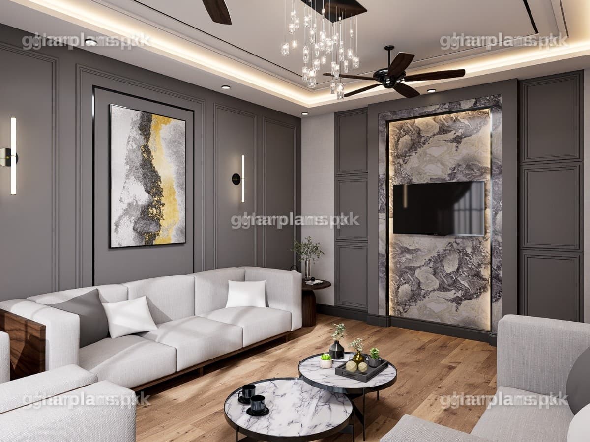 Modern Drawing Room with Grey Walls Design in Pakistan