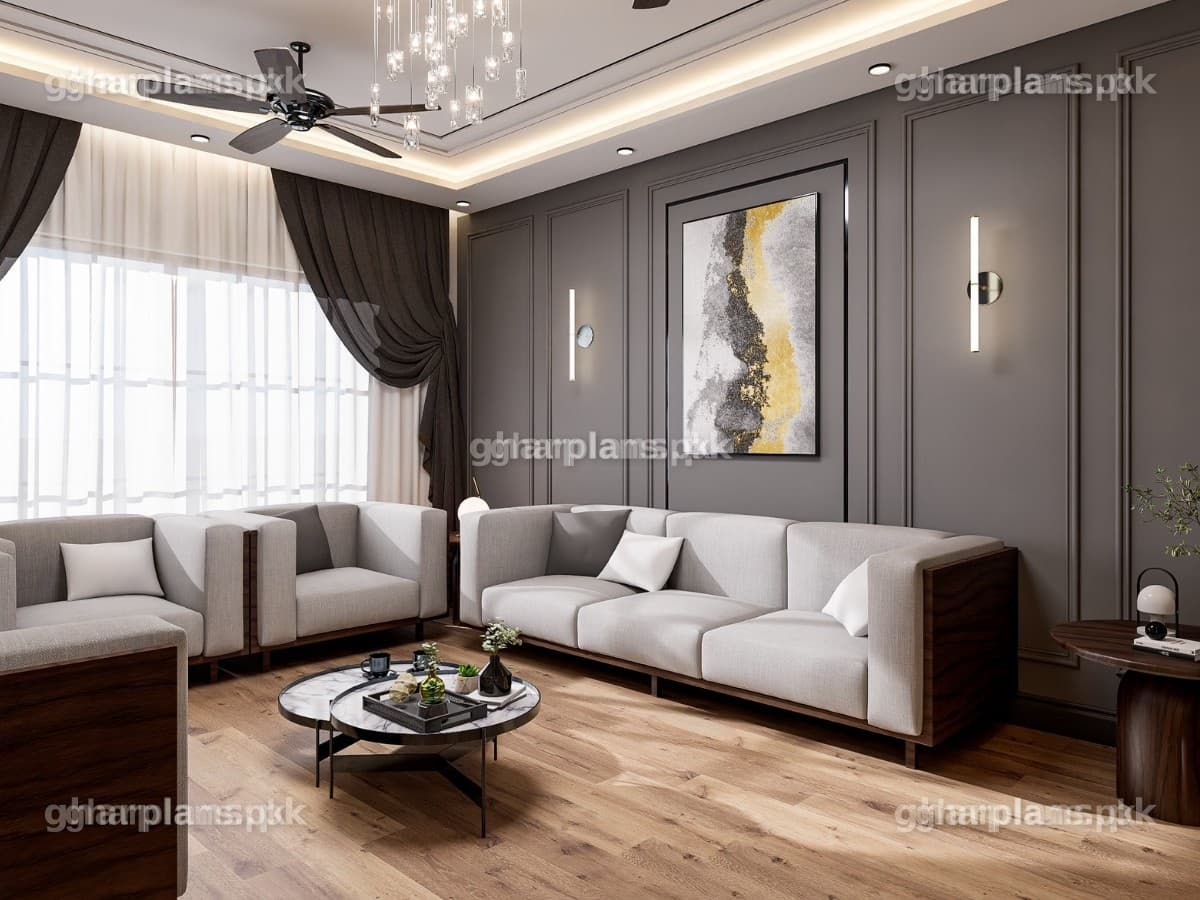 Modern Drawing Room with Grey Walls Design in Pakistan