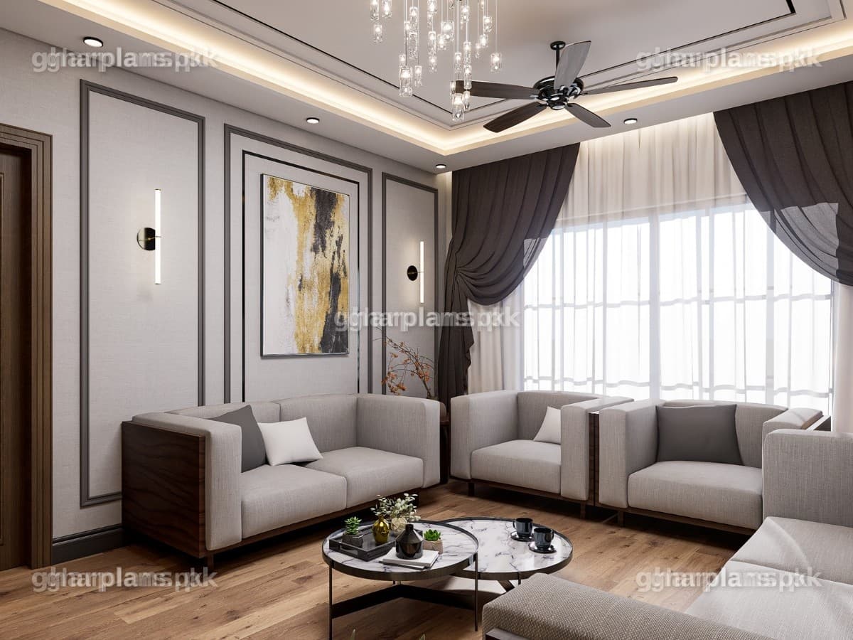 Modern Drawing Room with Grey Walls Design in Pakistan