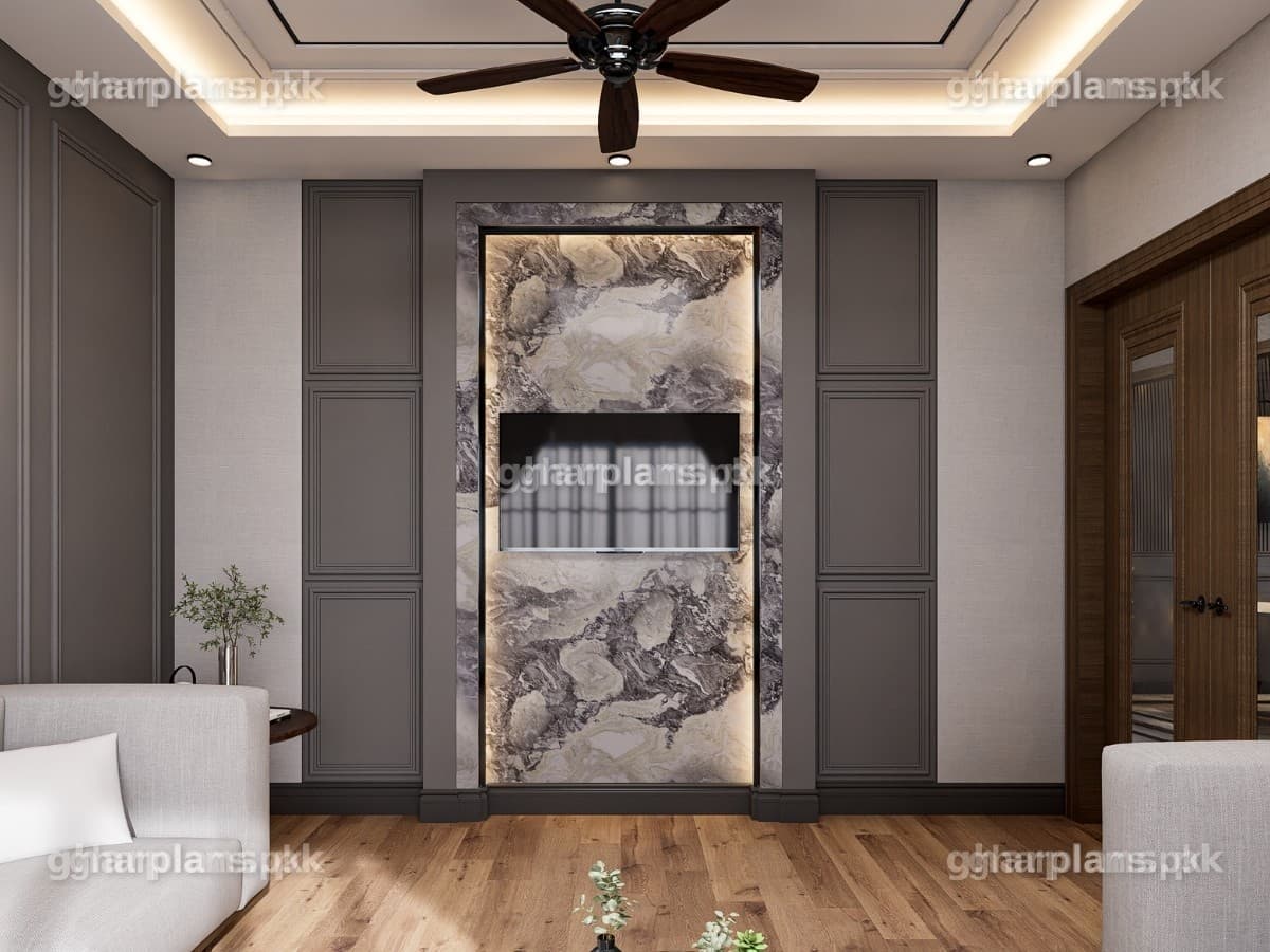 Modern Drawing Room with Grey Walls Design in Pakistan