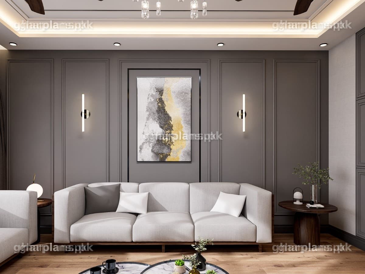 Modern Drawing Room with Grey Walls Design in Pakistan