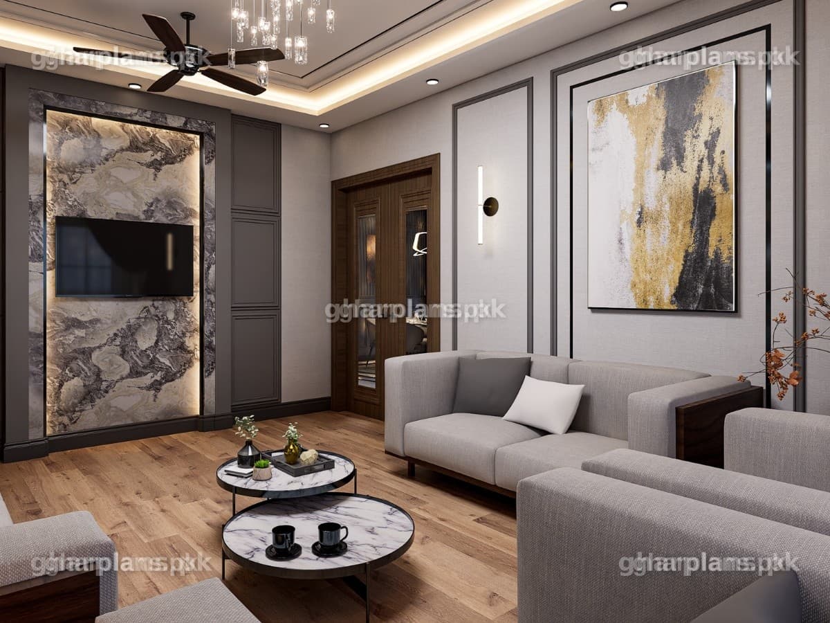 Modern Drawing Room with Grey Walls Design in Pakistan