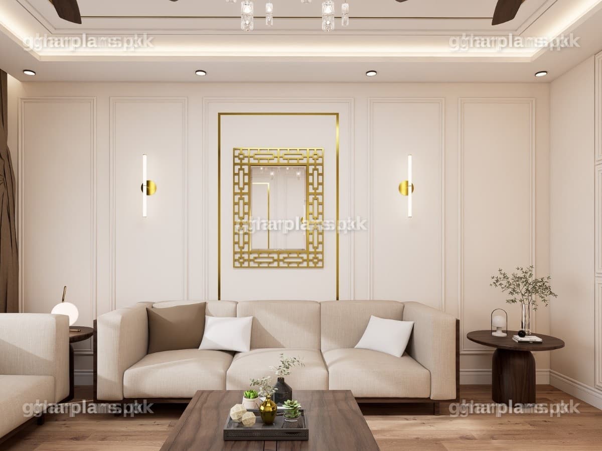 Neutral Color Palette Drawing Room Design in Pakistan