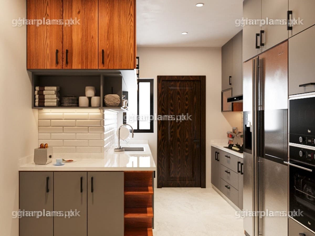 Elegant Kitchen Design with Wood Texture in Pakistan