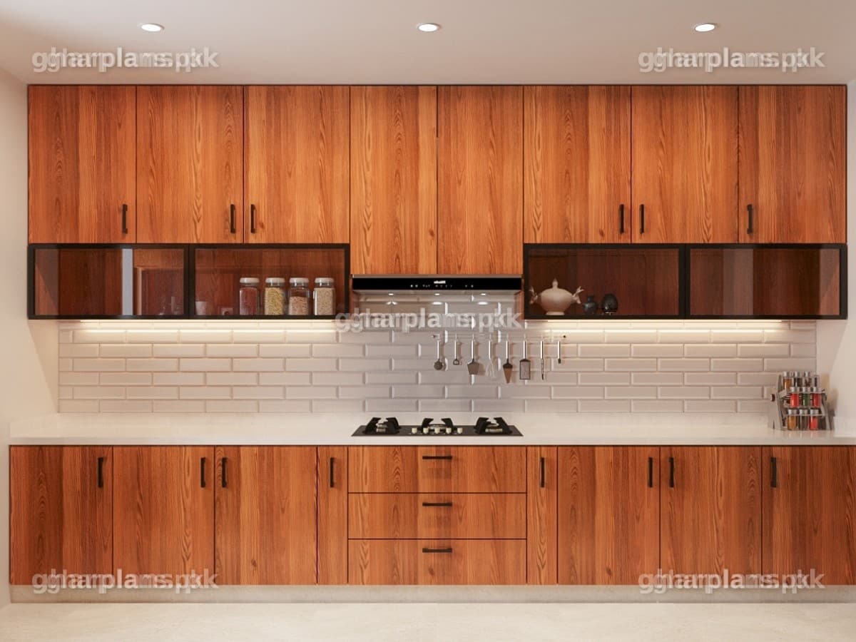 Elegant Kitchen Design with Wood Texture in Pakistan
