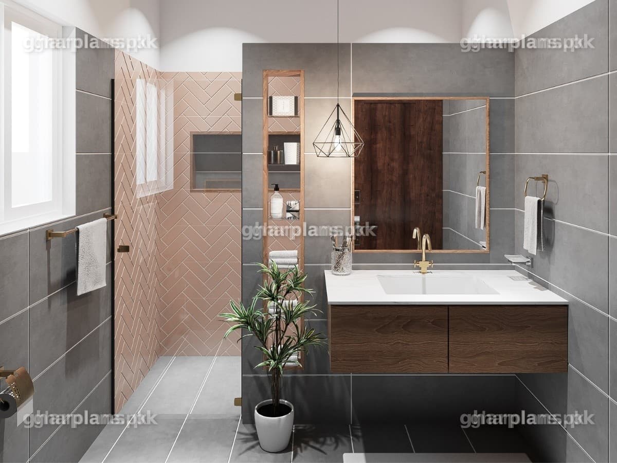 Modern Bathroom Design with Grey and Pink Herringbone Wall Tiles in Pakistan