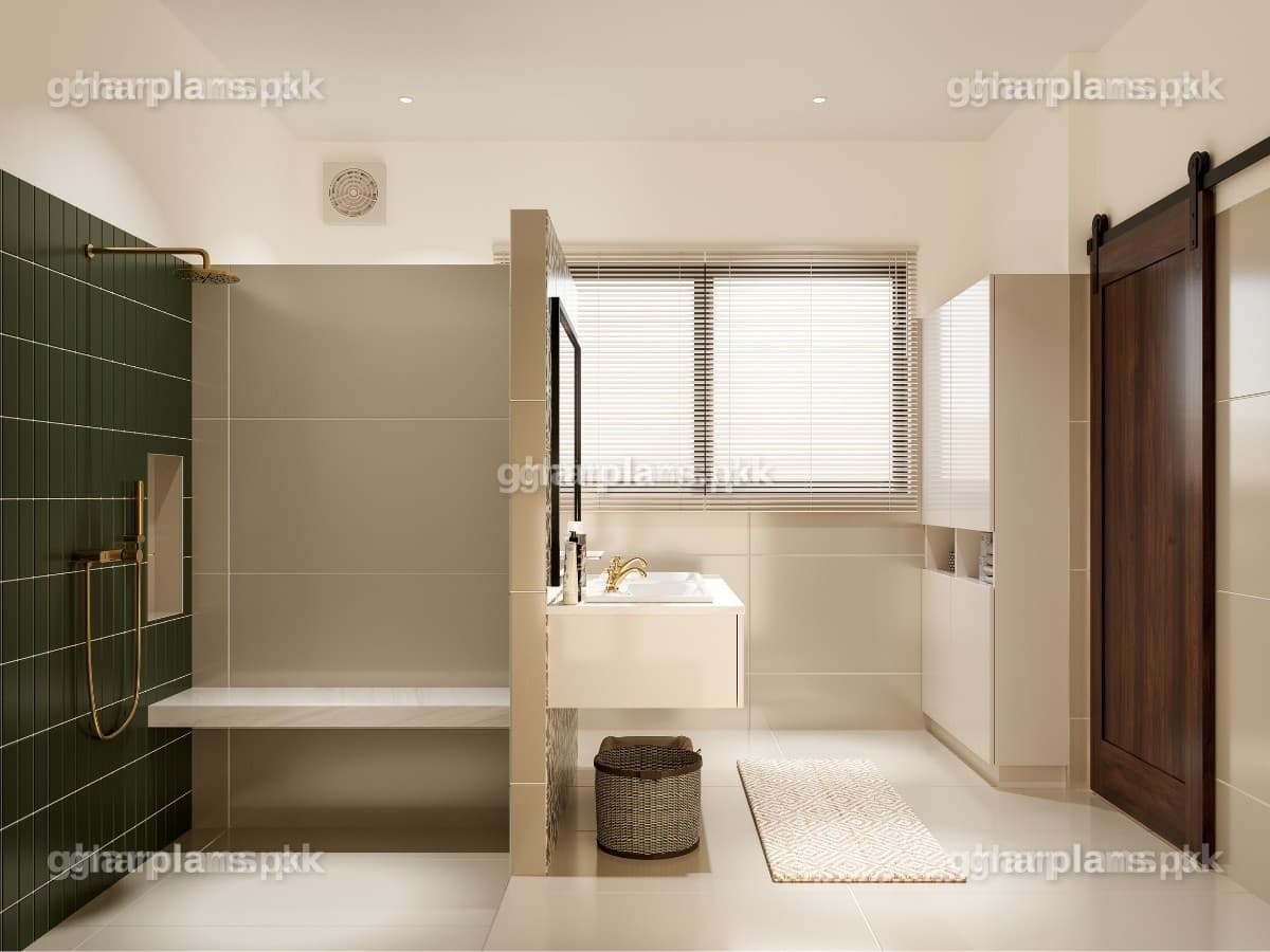 Pakistani Bathroom Design with Green Tile Accent Wall